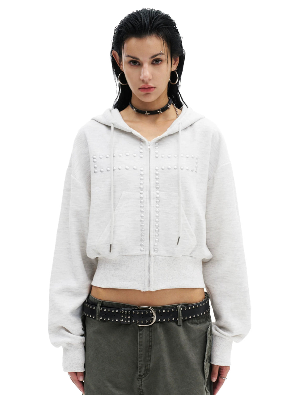 Leopard Studded Cross Cropped Zip-Up Hoodie - Heather Gray front