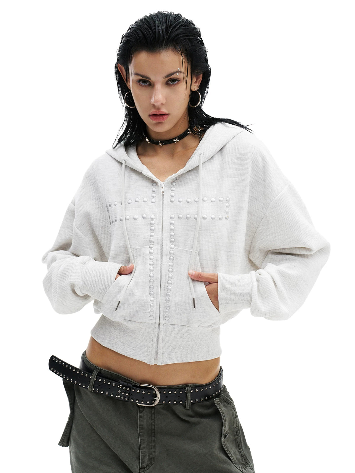 Leopard Studded Cross Cropped Zip-Up Hoodie - Heather Gray pocket detail