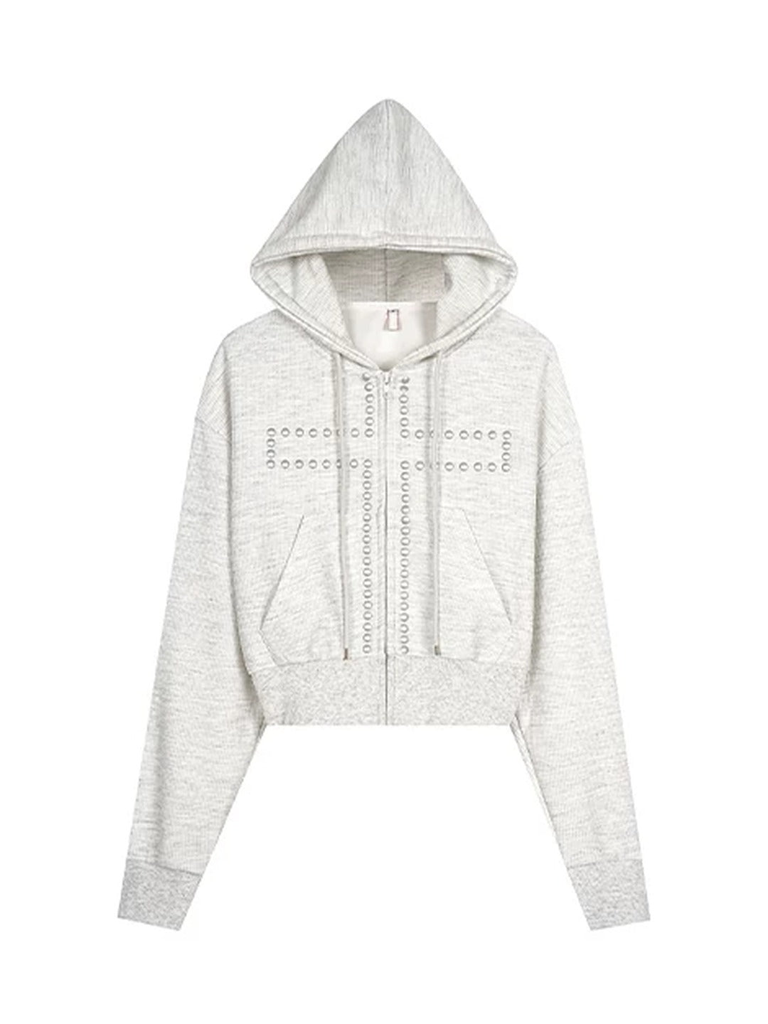 Leopard Studded Cross Cropped Zip-Up Hoodie - Heather Gray flat lay front