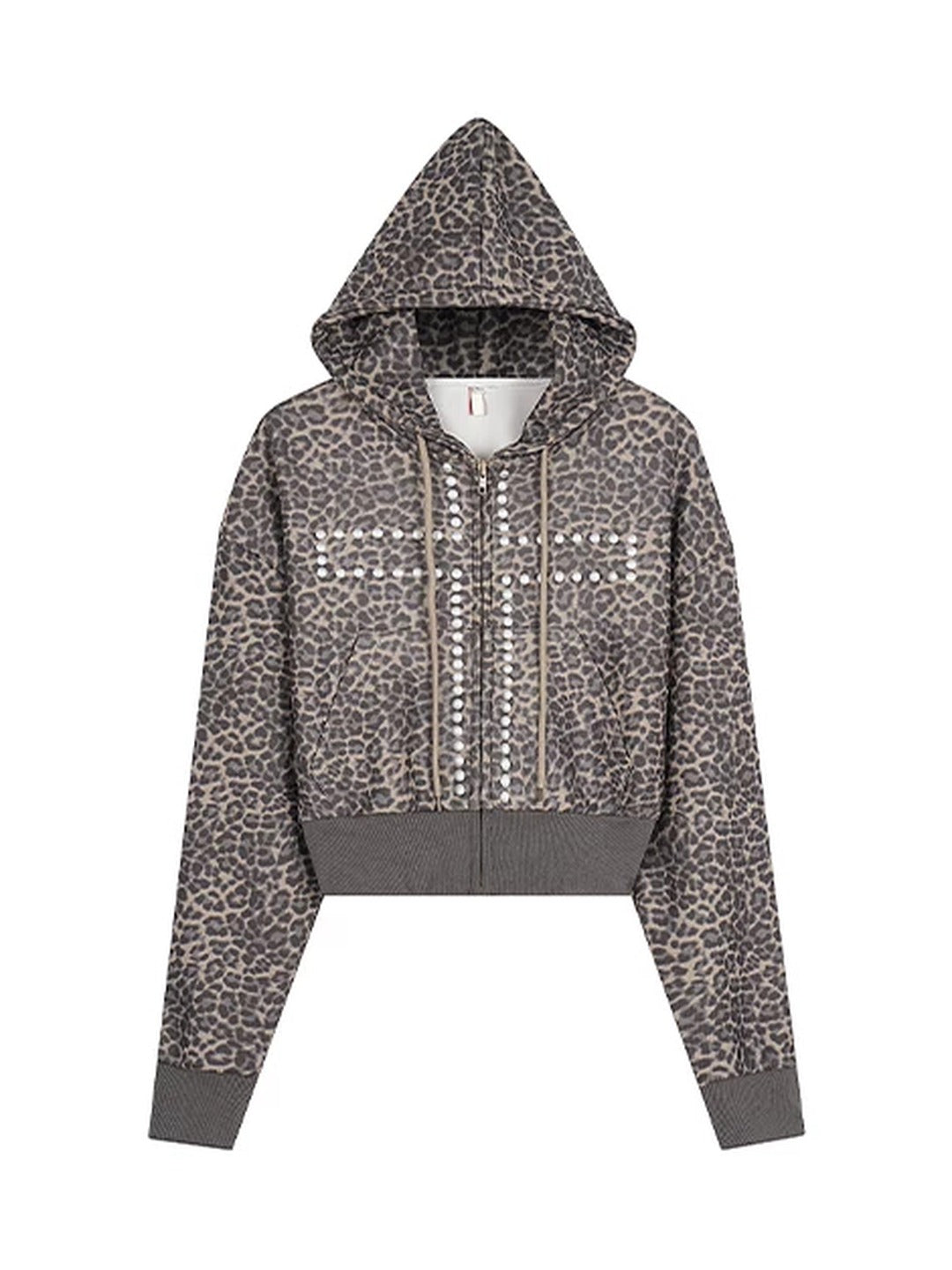 Leopard Studded Cross Cropped Zip-Up Hoodie - Khaki Leopard flat lay front