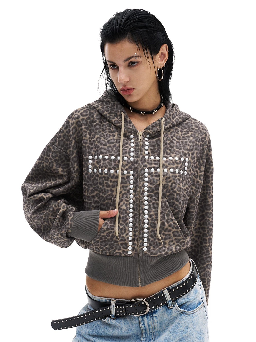 Leopard Studded Cross Cropped Zip-Up Hoodie - Khaki Leopard close-up
