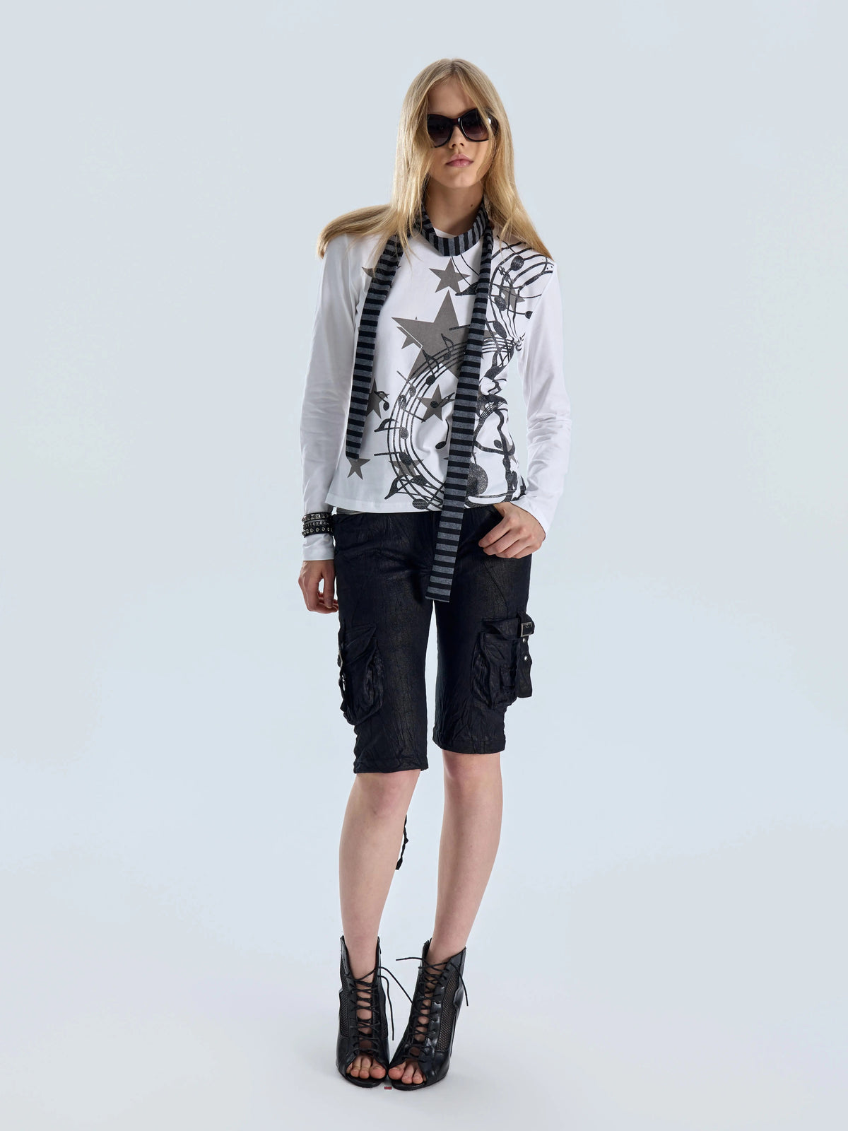 Glitter Music Note Star Long Sleeve Tee - White front model full look
