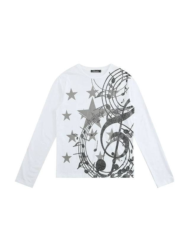 Glitter Music Note Star Long Sleeve Tee - White flat lay