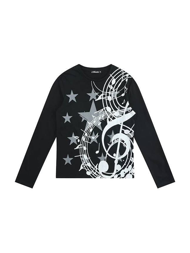 Glitter Music Note Star Long Sleeve Tee - Black flat lay