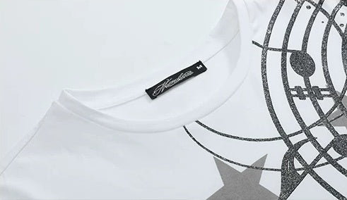 Glitter Music Note Star Long Sleeve Tee - White collar and print detail