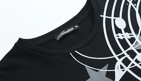Glitter Music Note Star Long Sleeve Tee - Black collar and print detail