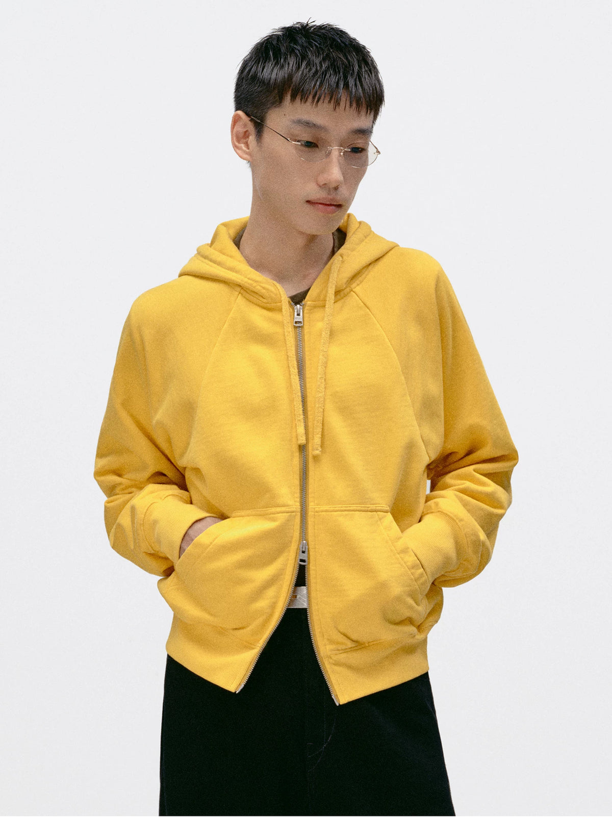 Simple Project Washed Overdyed Raglan Zip-Up Hoodie - Washed Yellow front