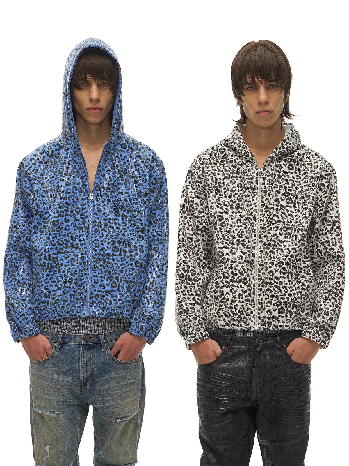 EXITMODE Leopard Sequin Zip-Up Hoodie - Blue and White front