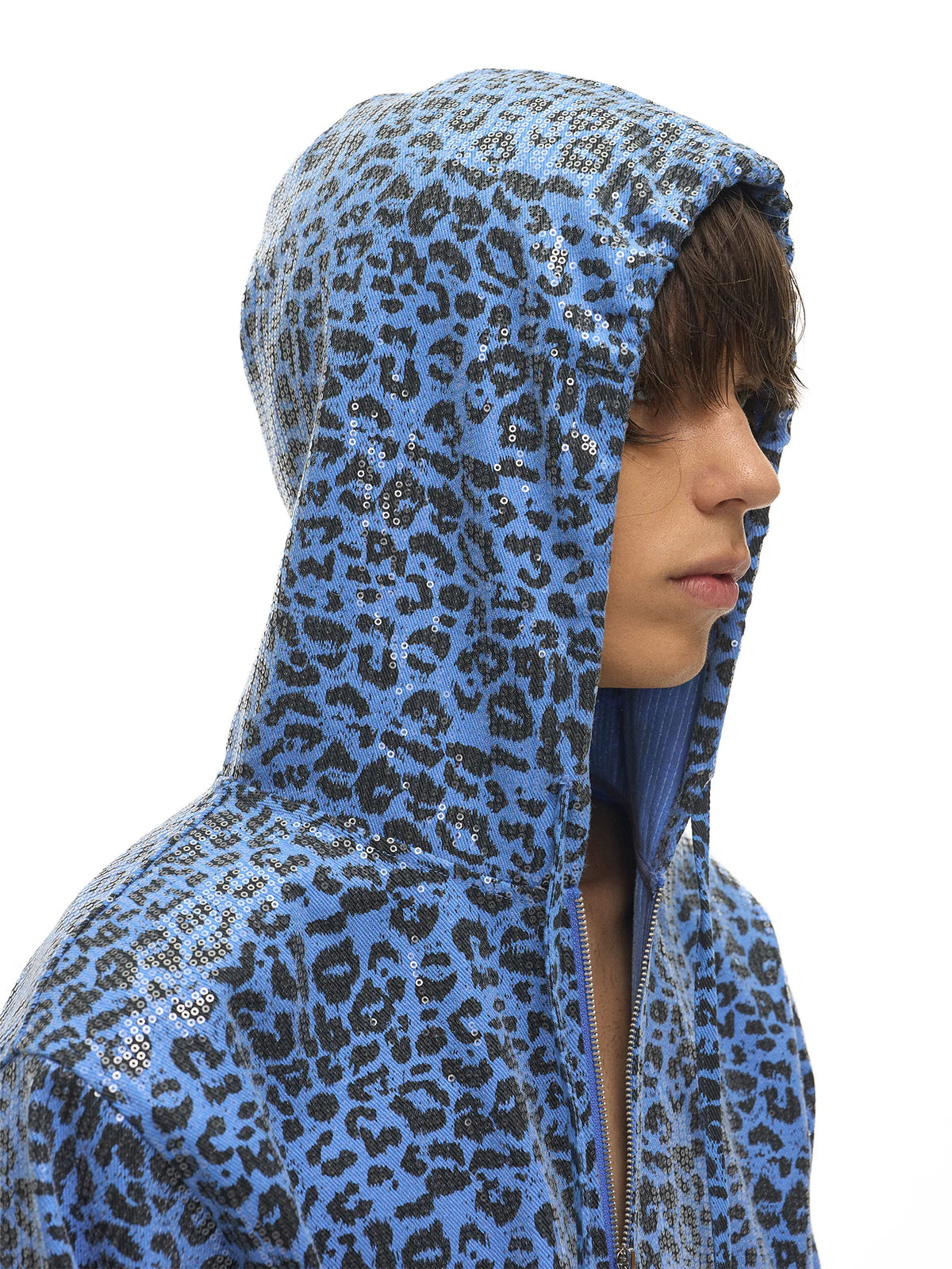 EXITMODE Leopard Sequin Zip-Up Hoodie - Blue hood close-up