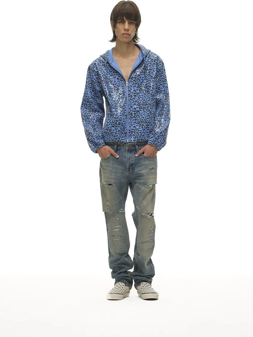 EXITMODE Leopard Sequin Zip-Up Hoodie - Blue front