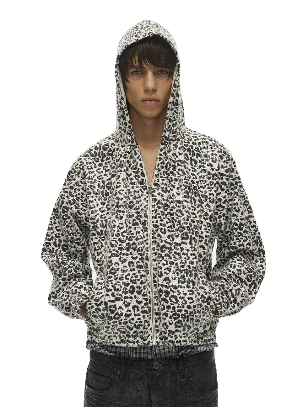 EXITMODE Leopard Sequin Zip-Up Hoodie - White hood up