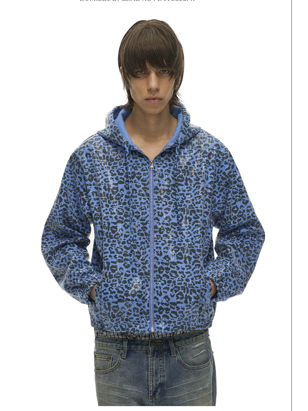 EXITMODE Leopard Sequin Zip-Up Hoodie - Blue half-body