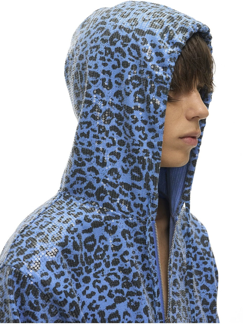EXITMODE Leopard Sequin Zip-Up Hoodie - Blue hood side detail
