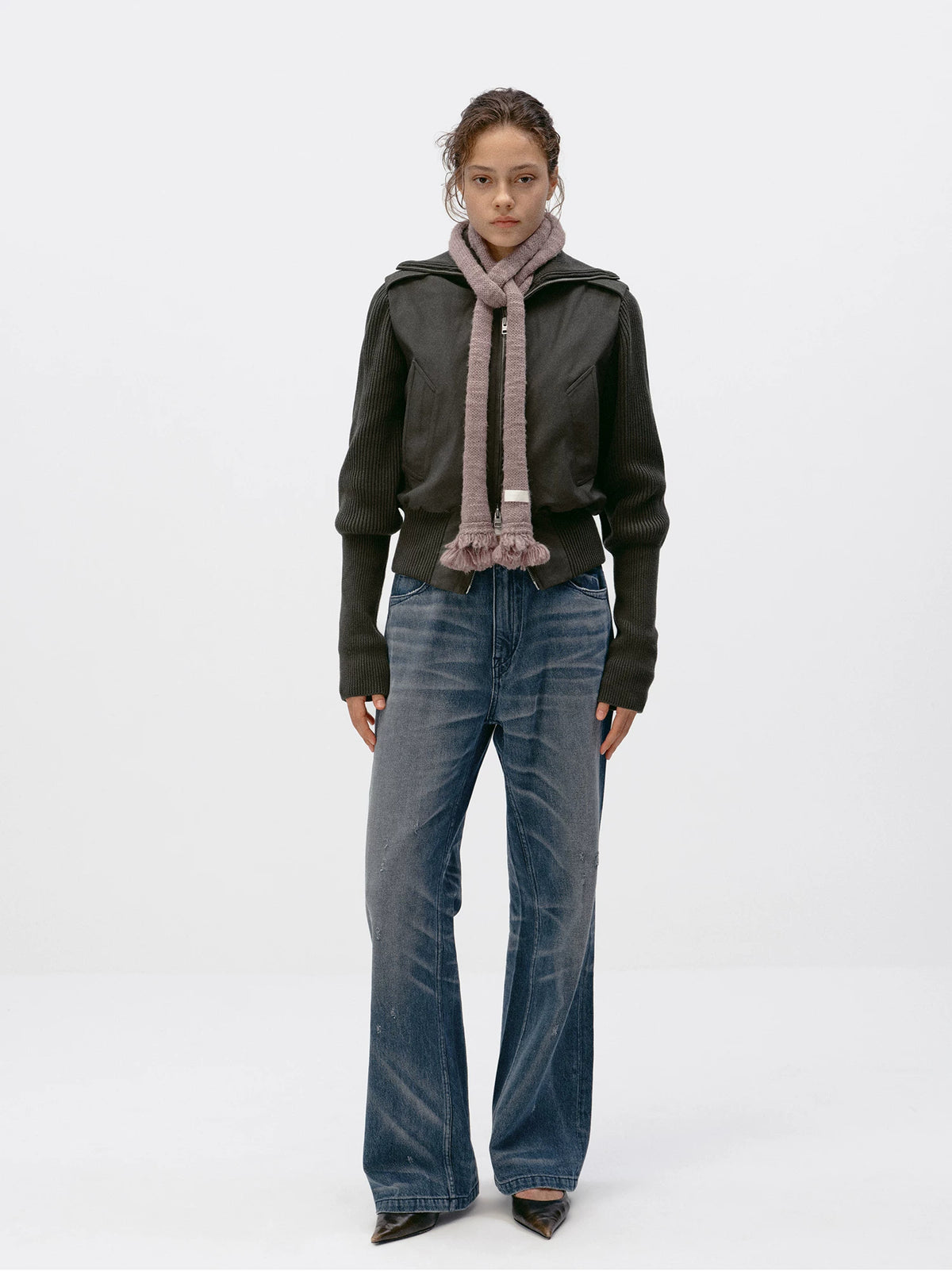 Knit Panel Padded Zip Jacket - Graphite Gray with scarf
