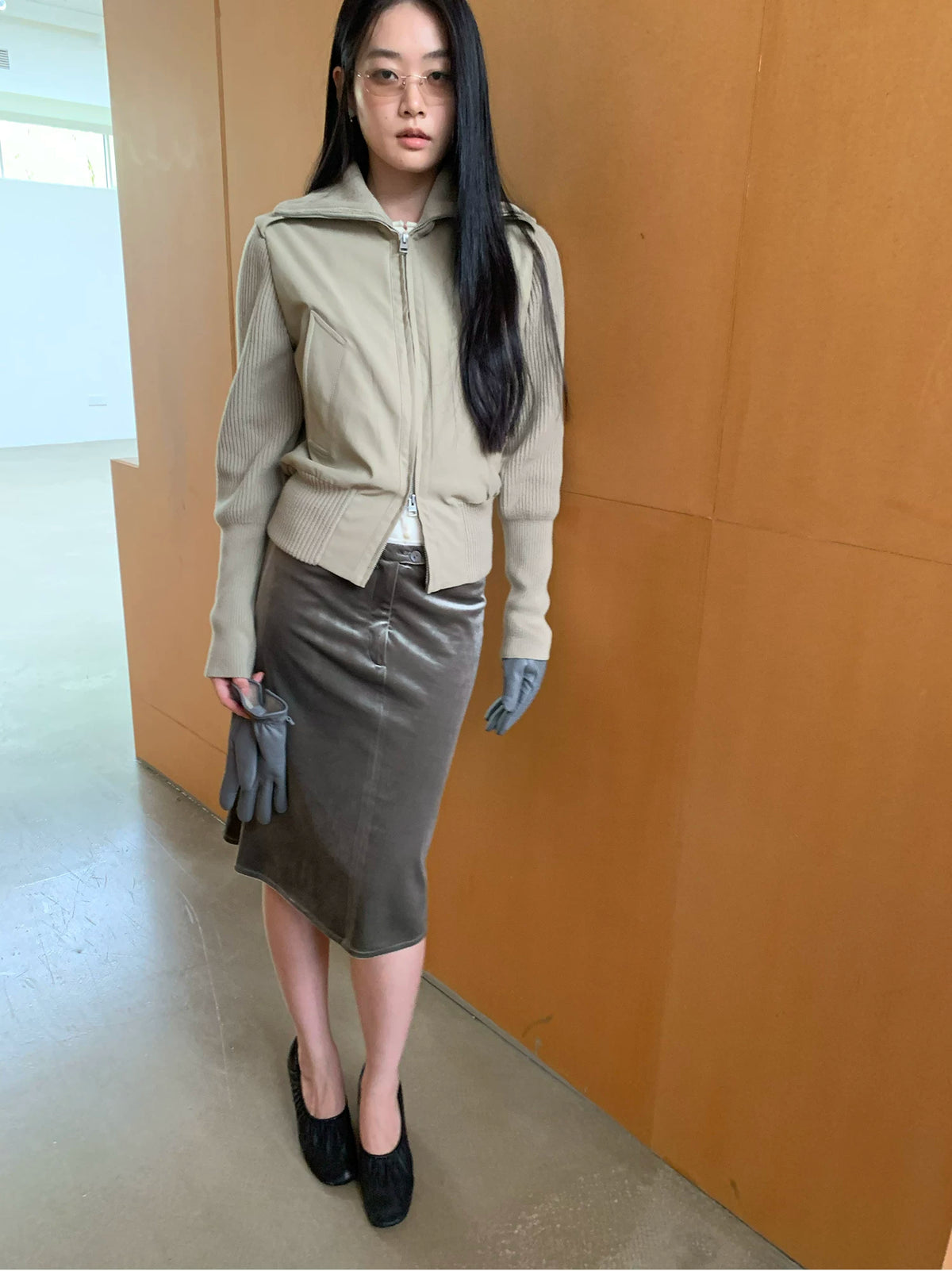 Knit Panel Padded Zip Jacket - Khaki Camel full look