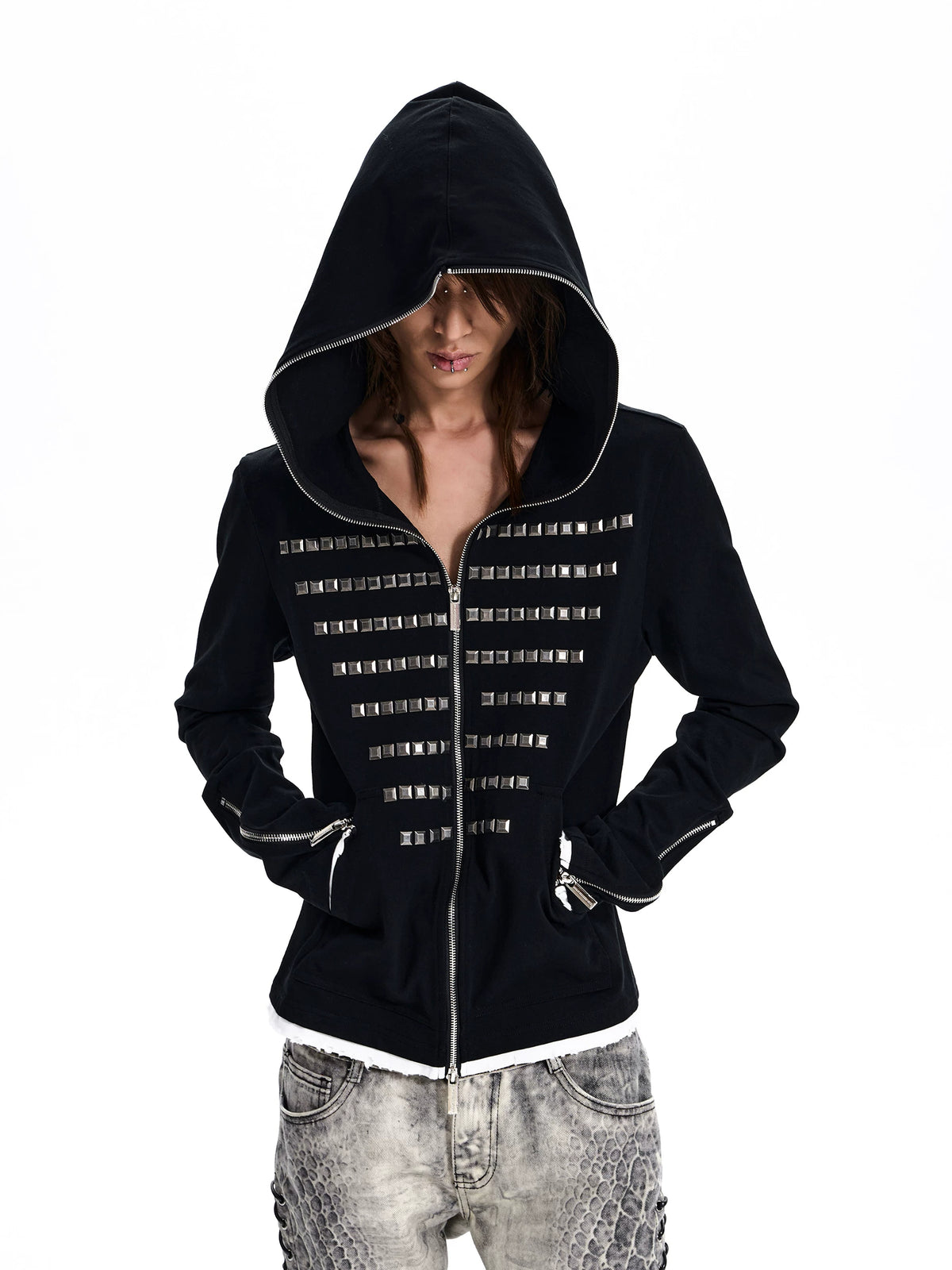 Studded Zip-Up Hoodie - Black front hooded
