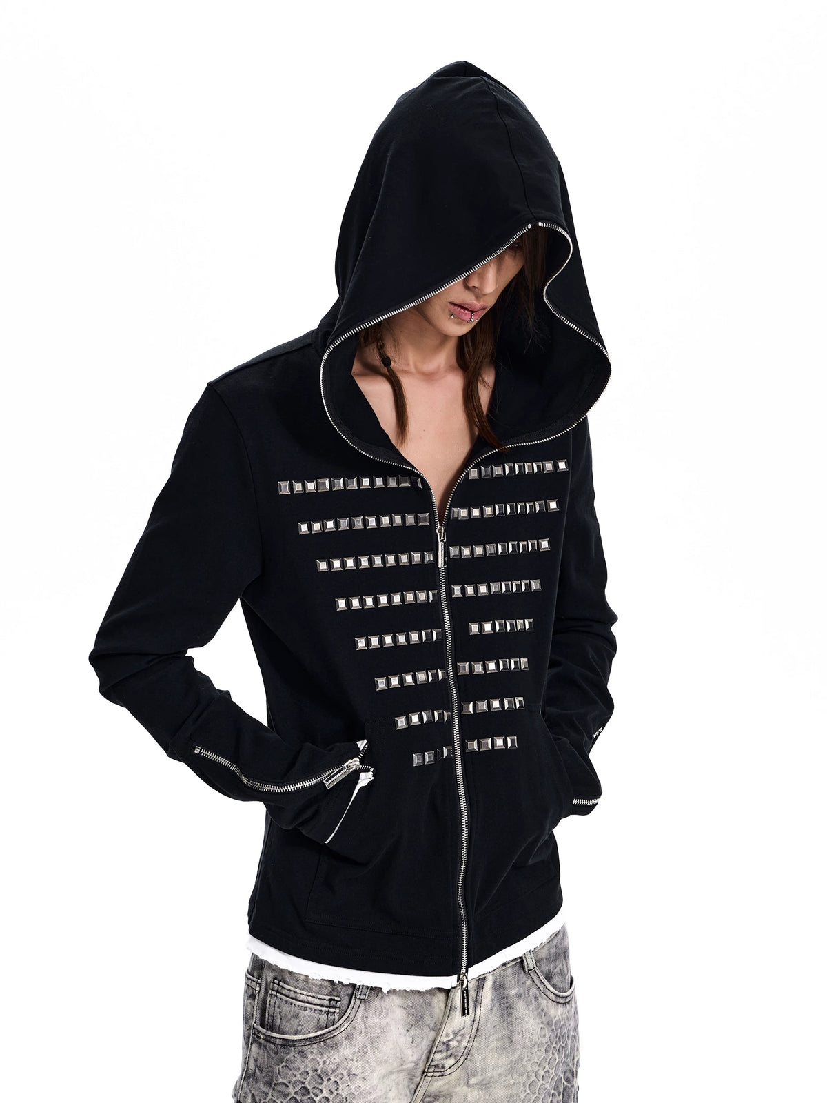 Studded Zip-Up Hoodie - Black hood up side angle