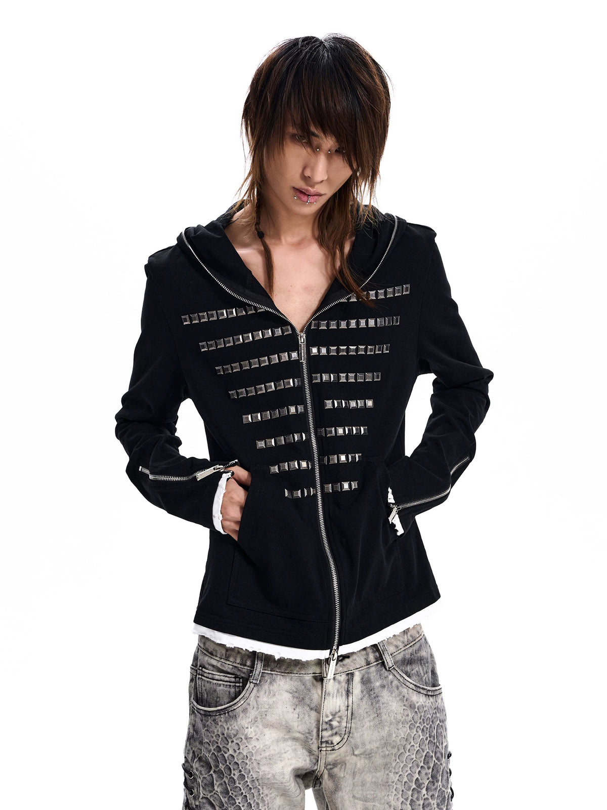 Studded Zip-Up Hoodie - Black front unhooded