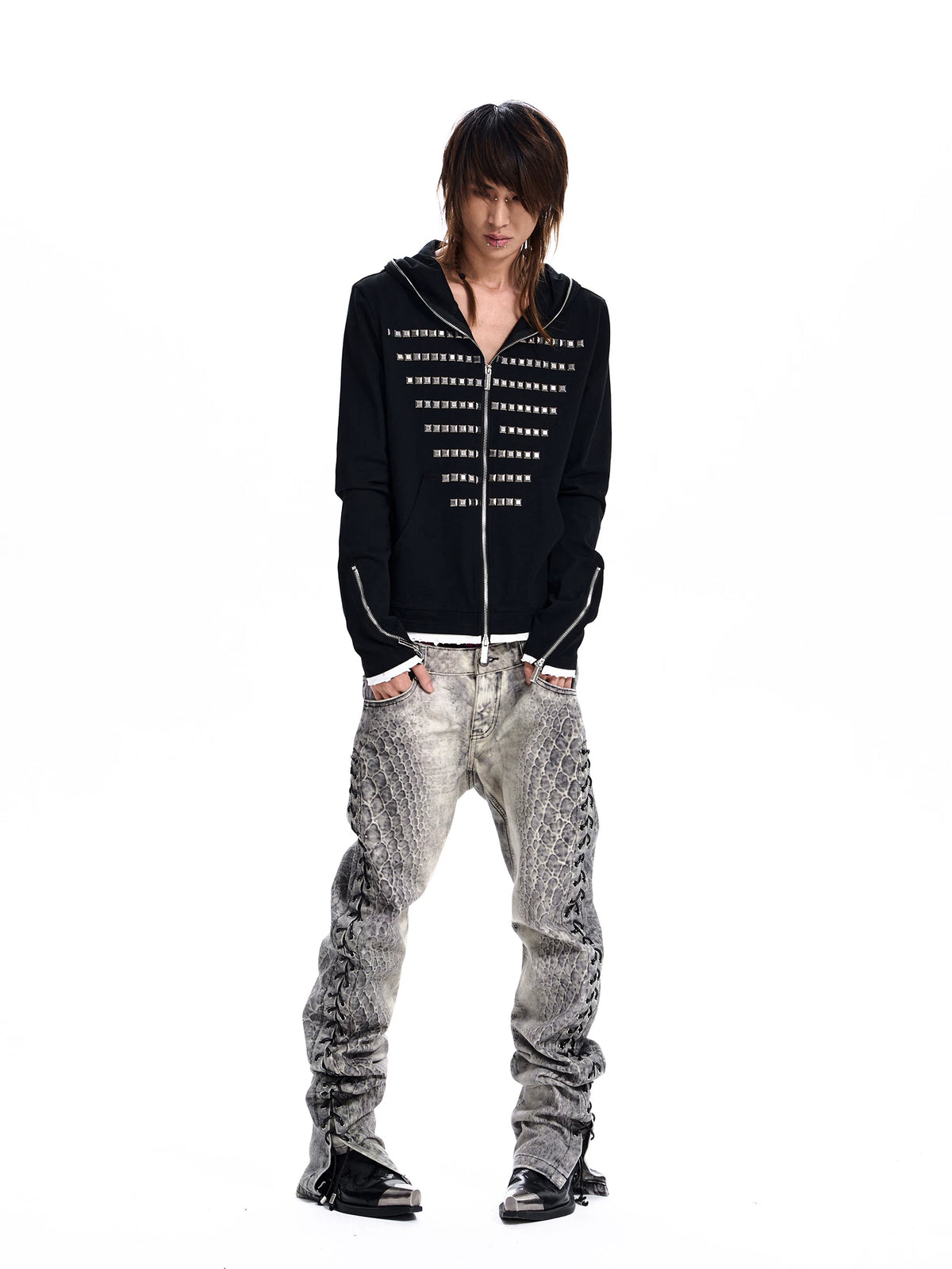 Studded Zip-Up Hoodie - Black full-body look