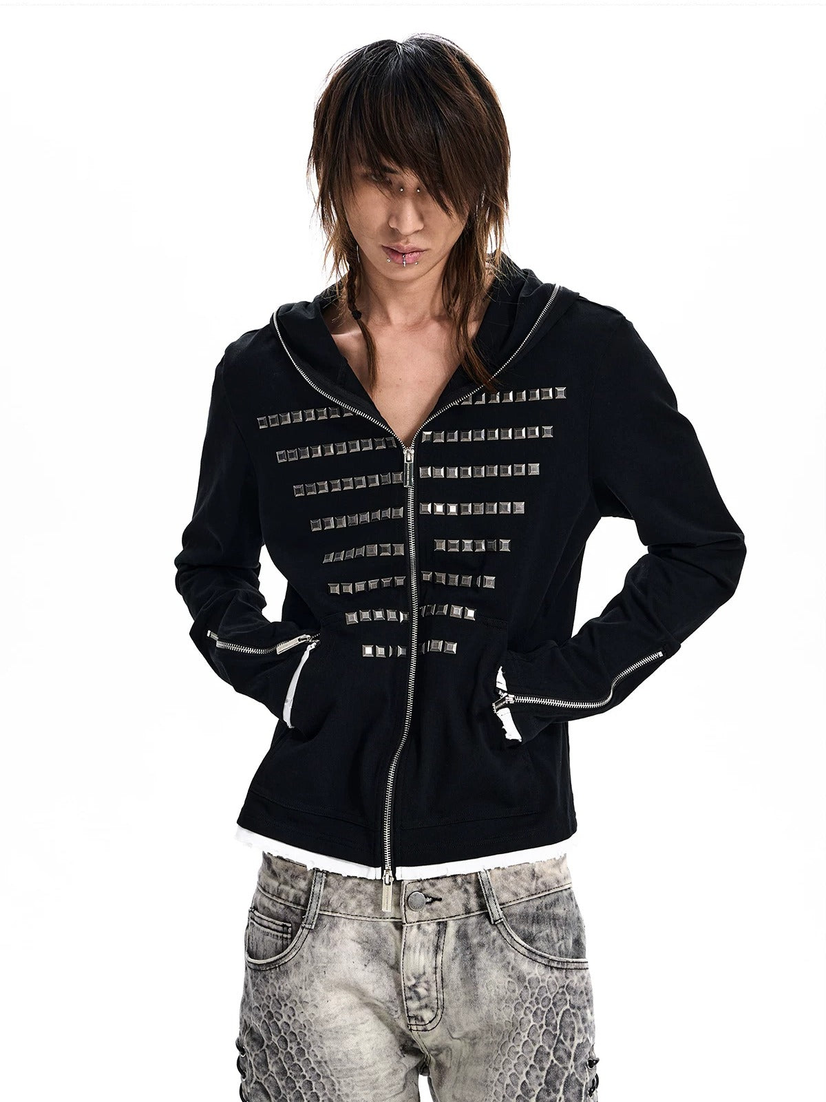 Studded Zip-Up Hoodie - Black front hands in pockets