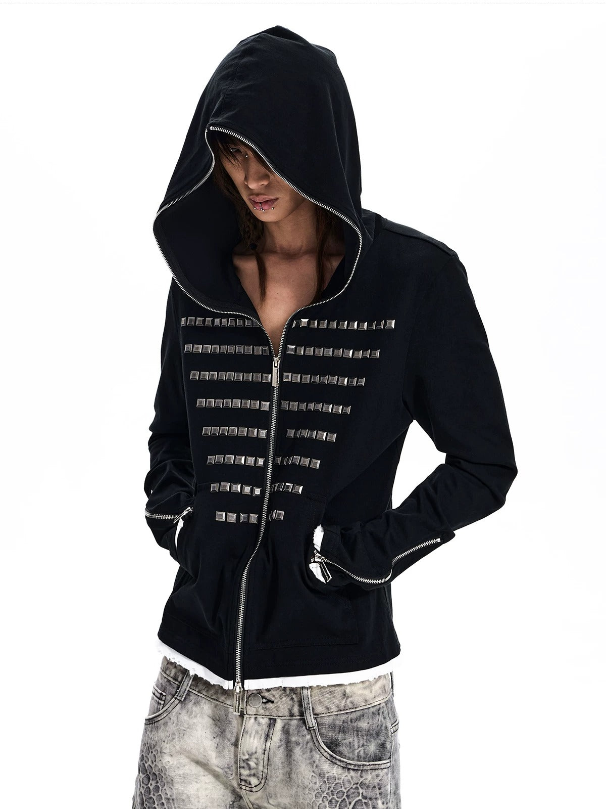 Studded Zip-Up Hoodie - Black hood up
