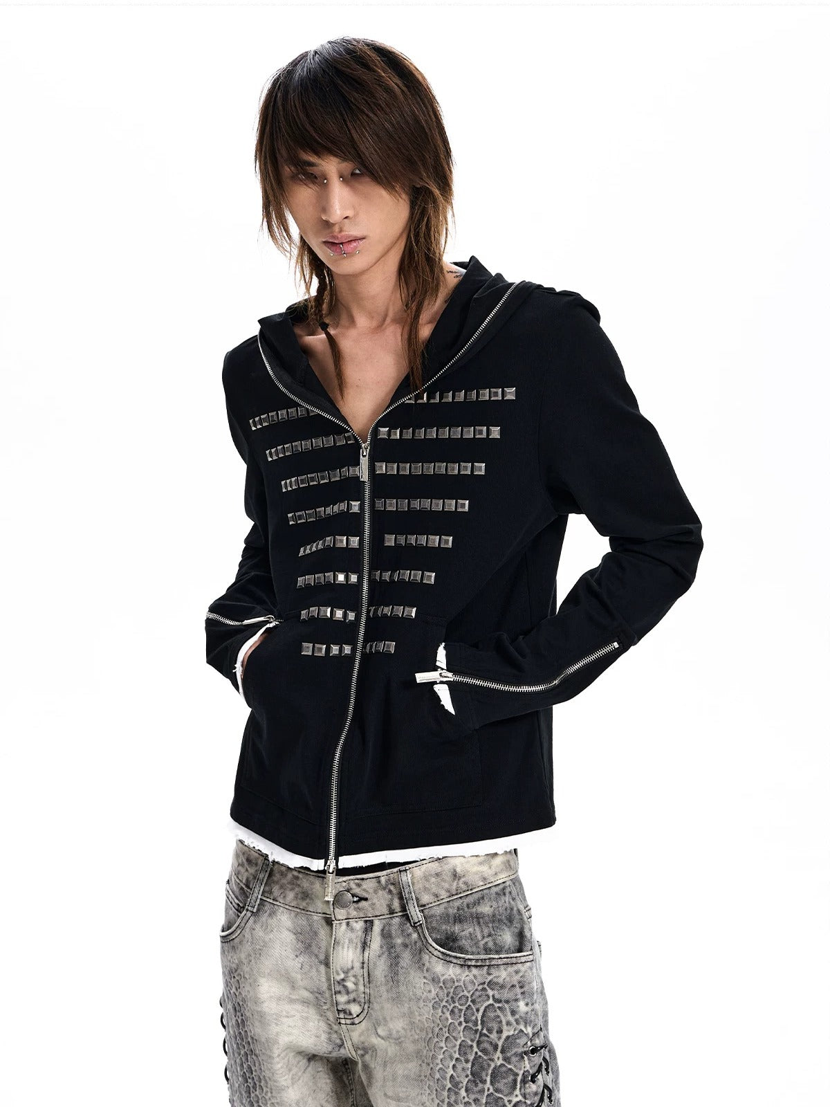 Studded Zip-Up Hoodie - Black front unhooded close