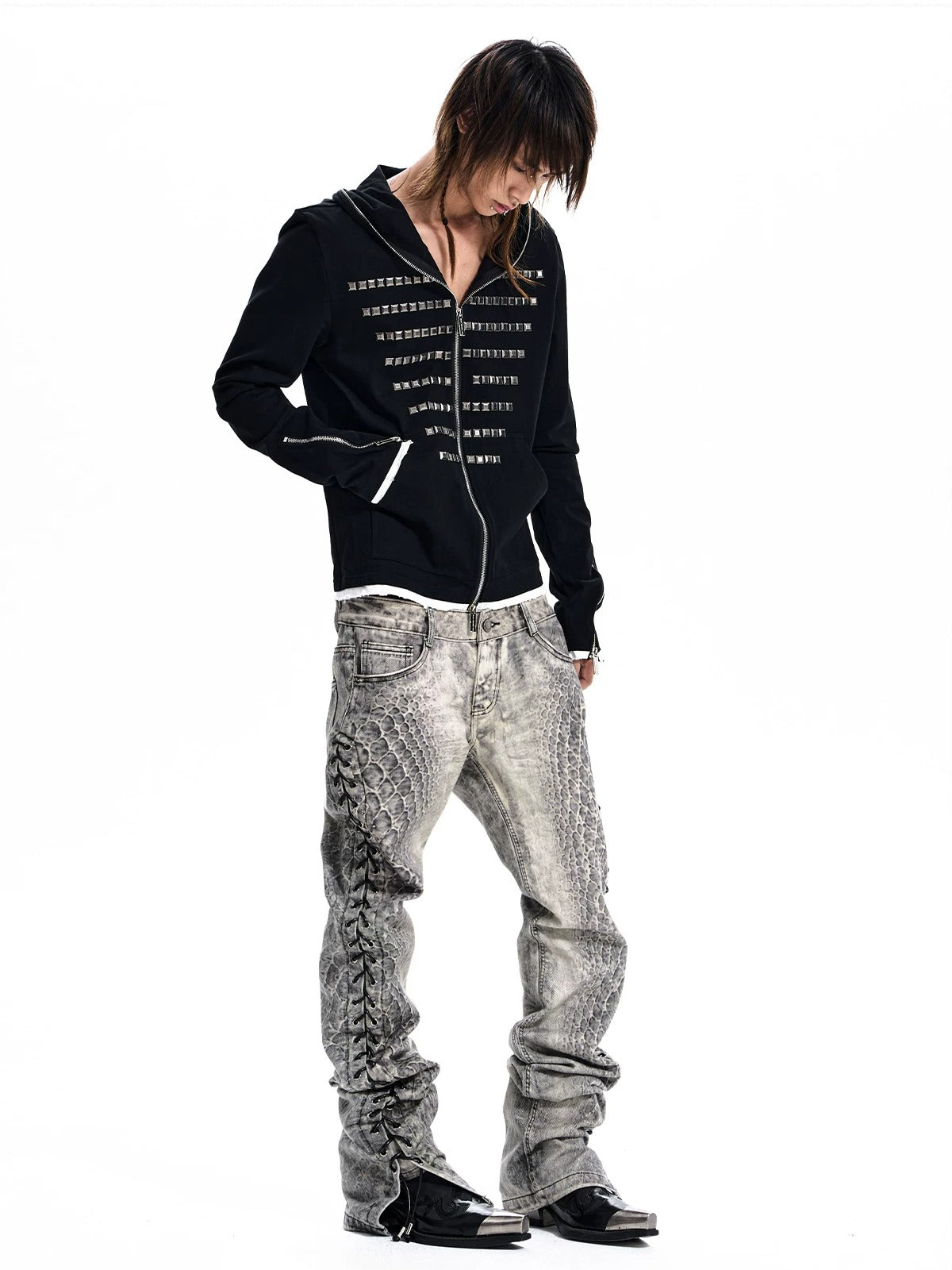 Studded Zip-Up Hoodie - Black full-body side