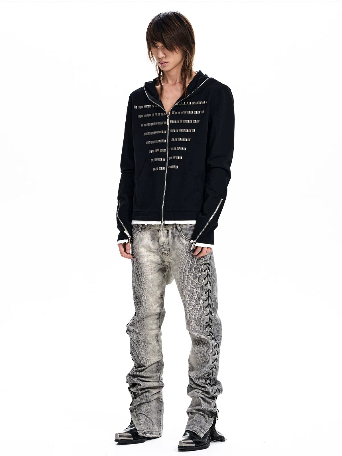 Studded Zip-Up Hoodie - Black full-body front
