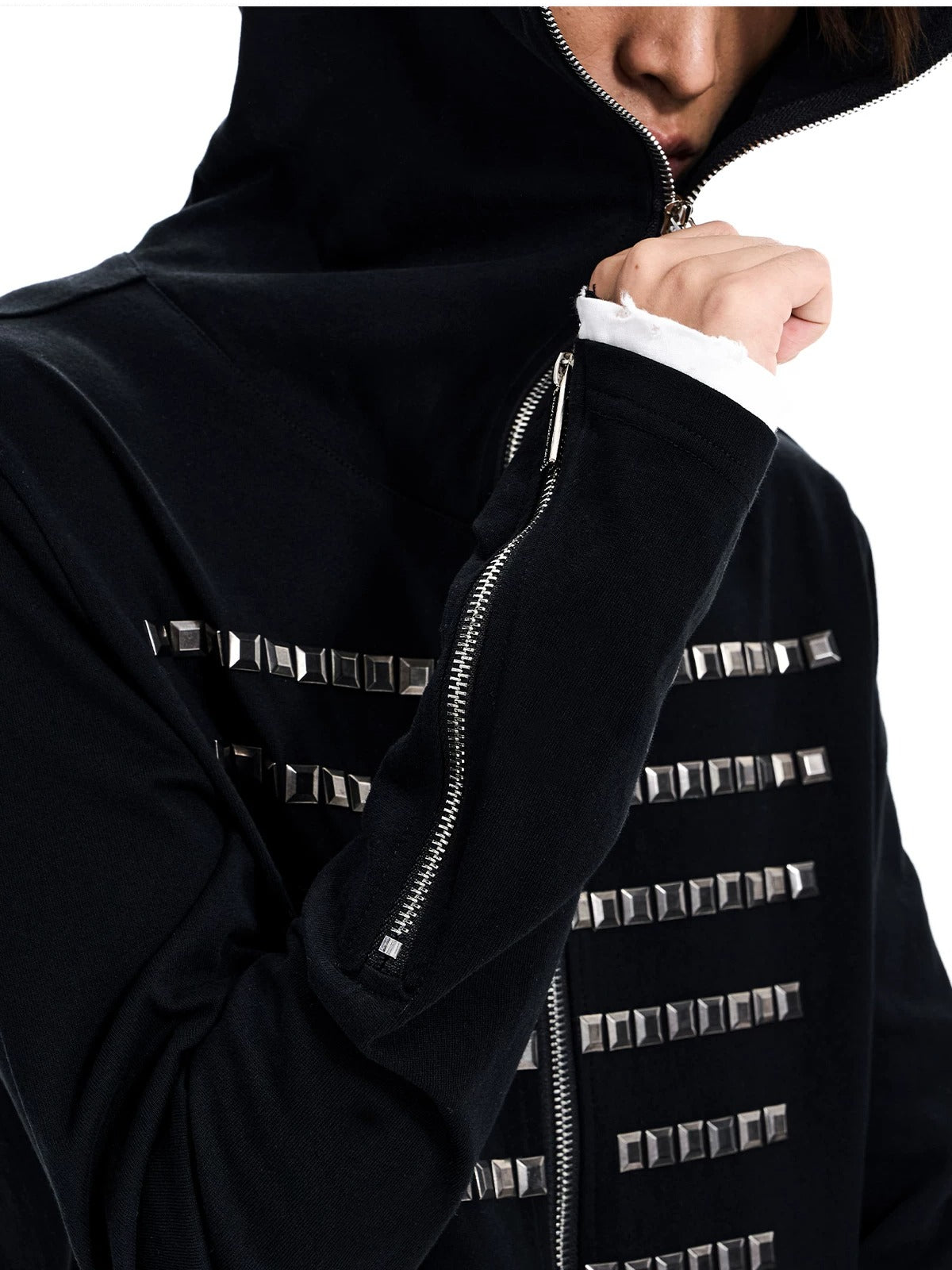 Studded Zip-Up Hoodie - Black zipper hood detail