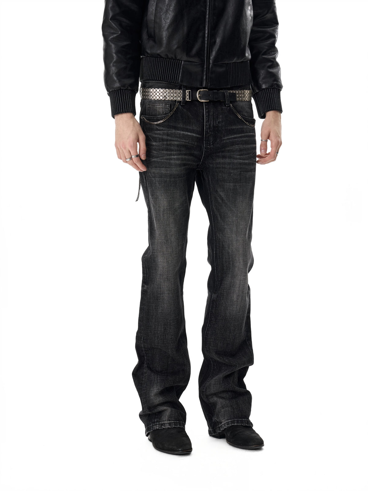 noEmosen Chain Pocket Washed Slim Flare Jeans - Black front