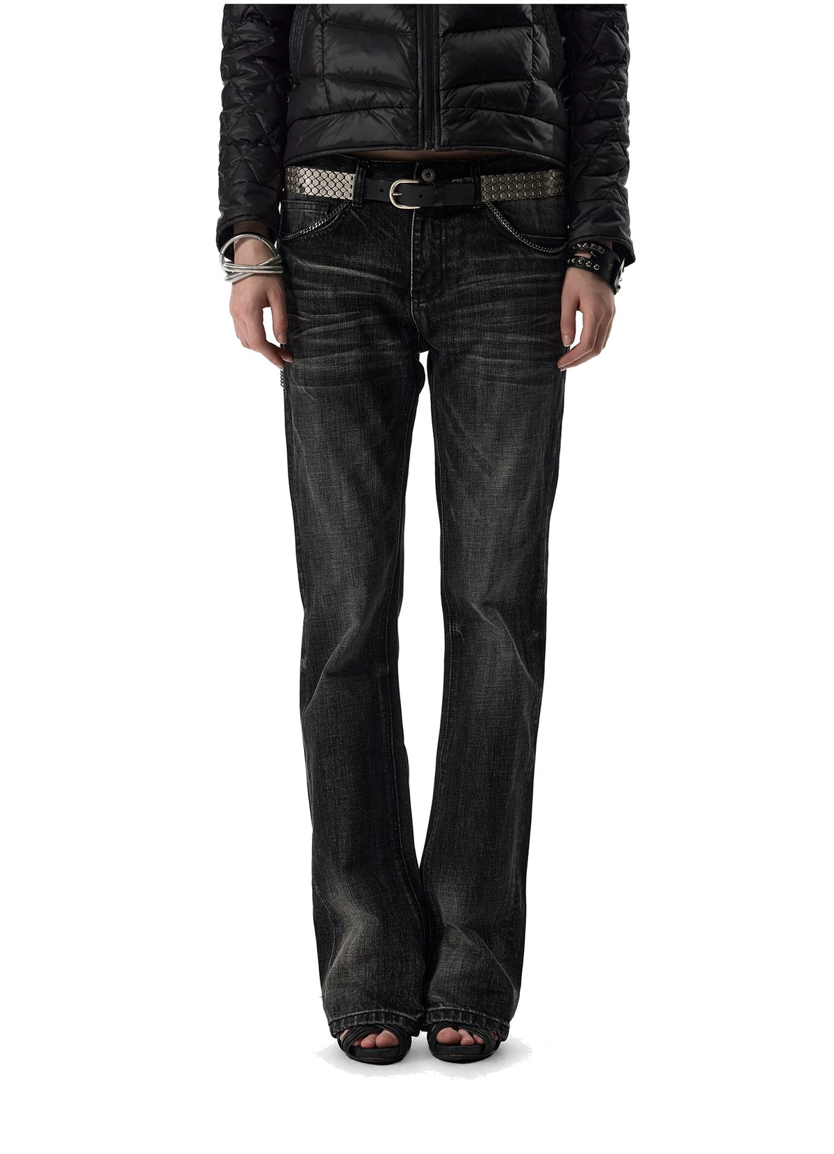noEmosen Chain Pocket Washed Slim Flare Jeans - Front view