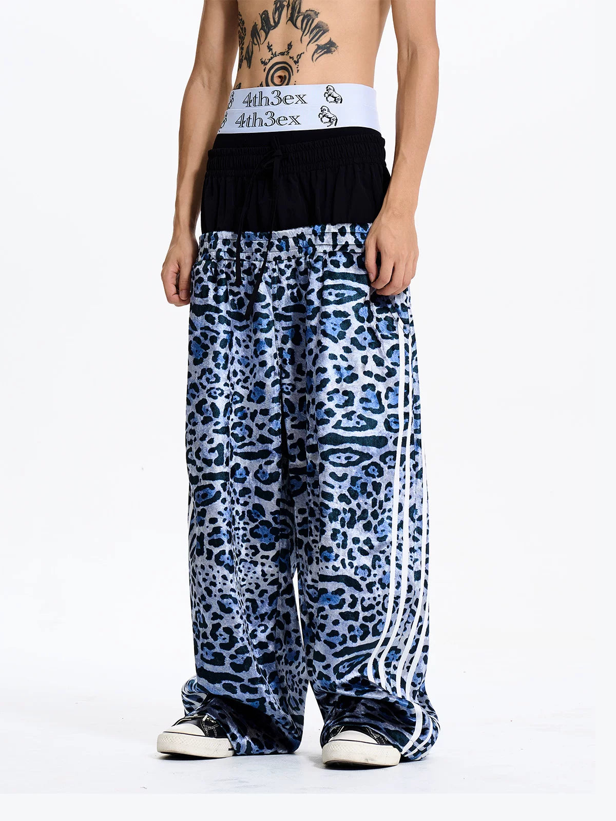 Leopard Double Waistband Wide Leg Track Pants - Model front waistband