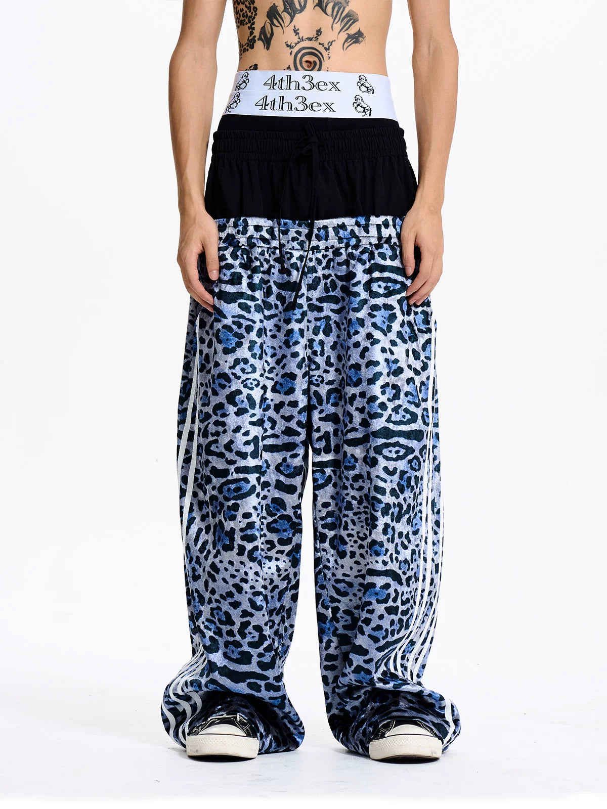 Leopard Double Waistband Wide Leg Track Pants - Model front