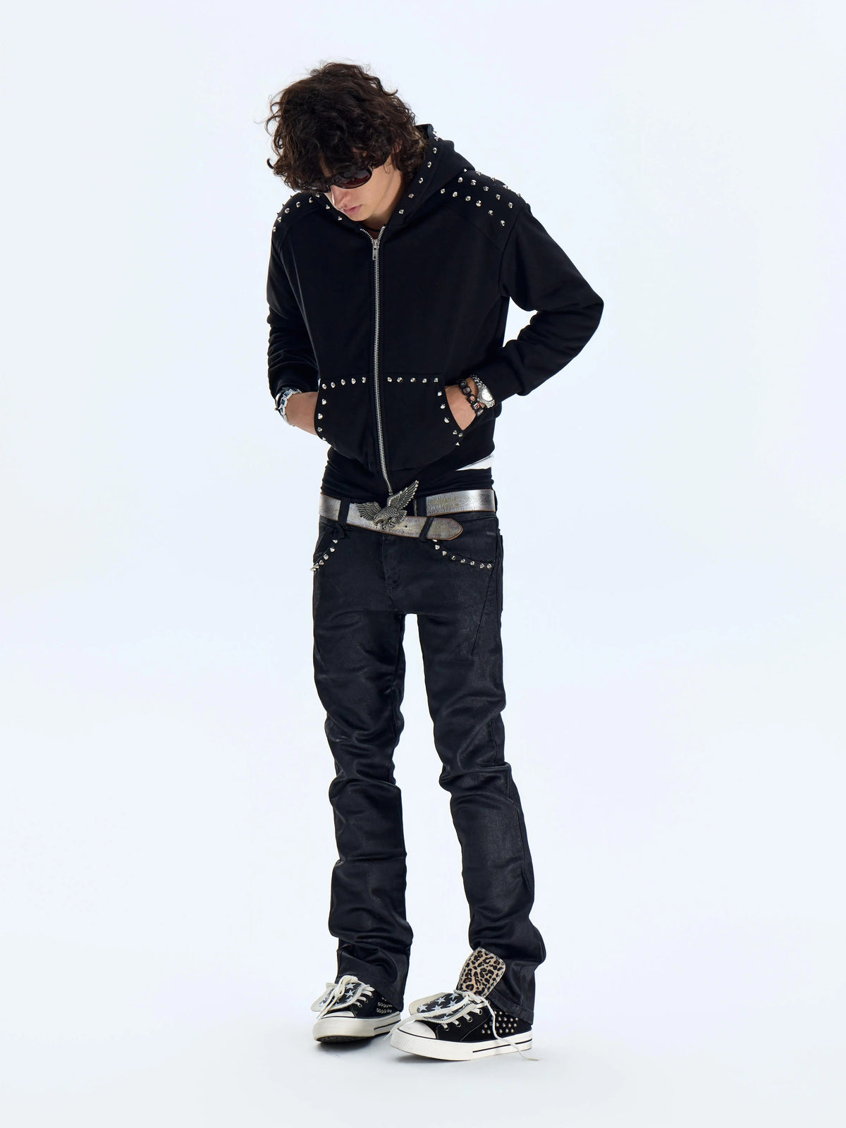 Studded Leopard Faux Fur Lined Zip-Up Hoodie - Black front