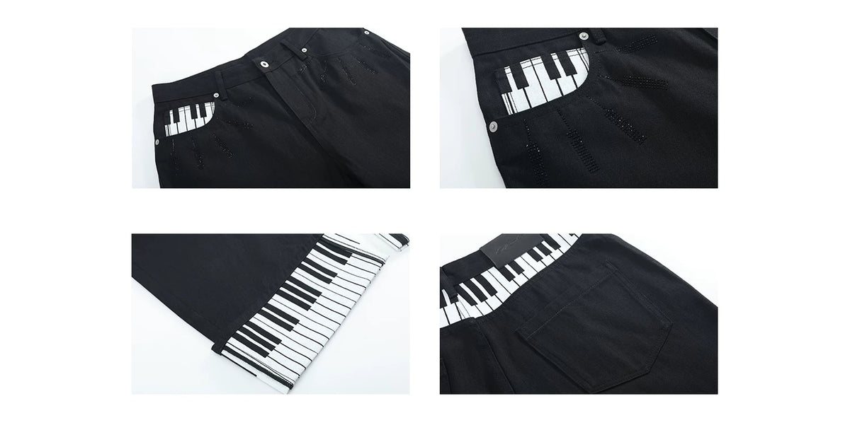 Piano Key Black Rhinestone Saber Fit Jeans - Black pocket, cuff and waistband details