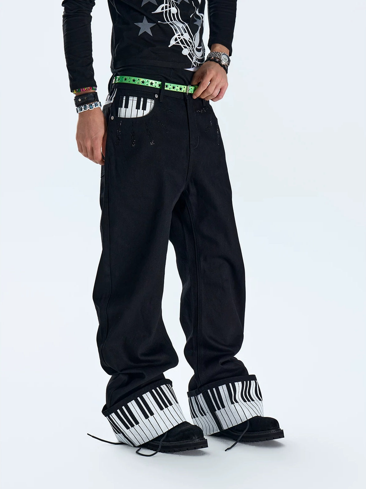 Piano Key Black Rhinestone Saber Fit Jeans - Black side front