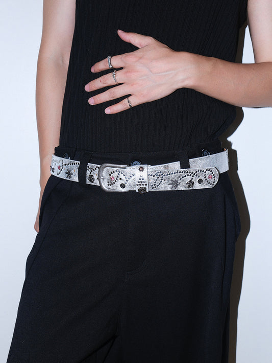Distressed Floral Rhinestone Leather Belt