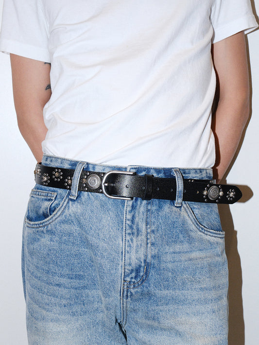 Vintage Starburst Studded U Buckle Leather Belt