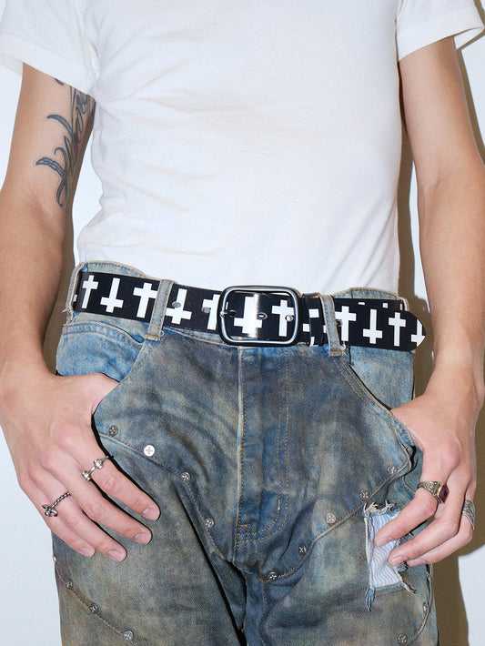 Punk Vintage Cross Print Distressed Leather Belt