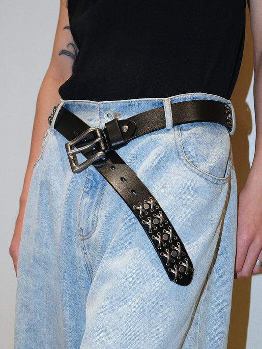 Genuine Leather Thorn Carved Studded Belt