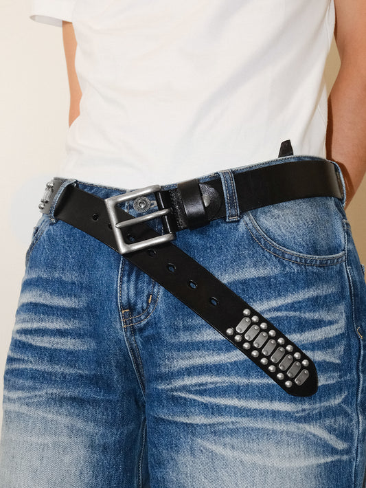 Genuine Leather Square Buckle Studded Belt