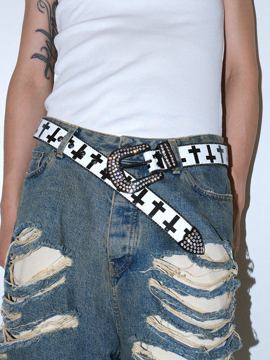 Y2K Gothic Rhinestone Cross Leather Belt