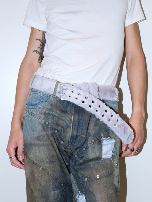 Y2K Long Hair Fur Leather Studded Belt
