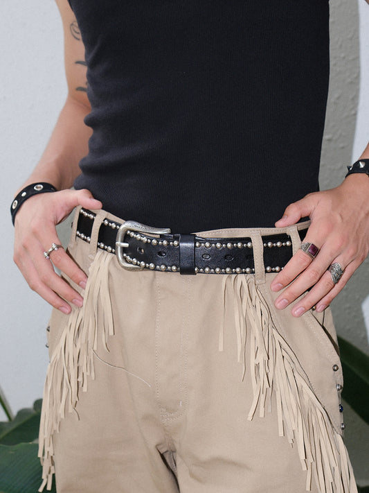 Genuine Leather Mixed Stud Carved Buckle Belt