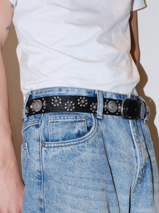 Vintage Starburst Studded U Buckle Leather Belt