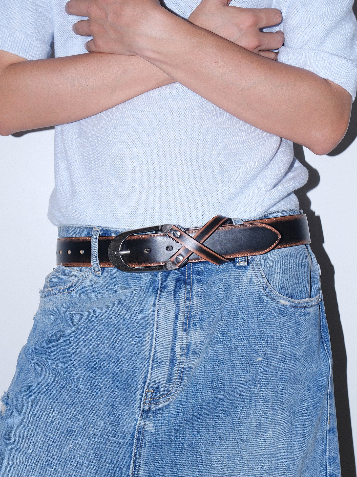 Distressed Cross Buckle Yellow Cowhide Belt
