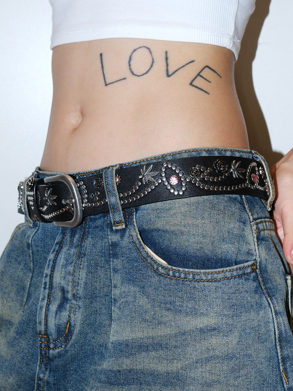 Floral Rhinestone Studded Wide Leather Belt - view 2
