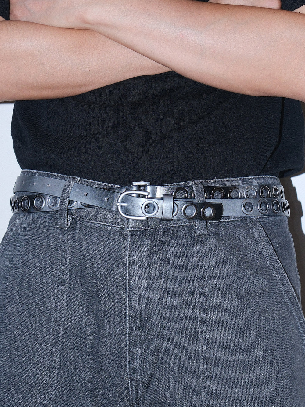 Silver Eyelet Extra Long Double Wrap Slim Belt