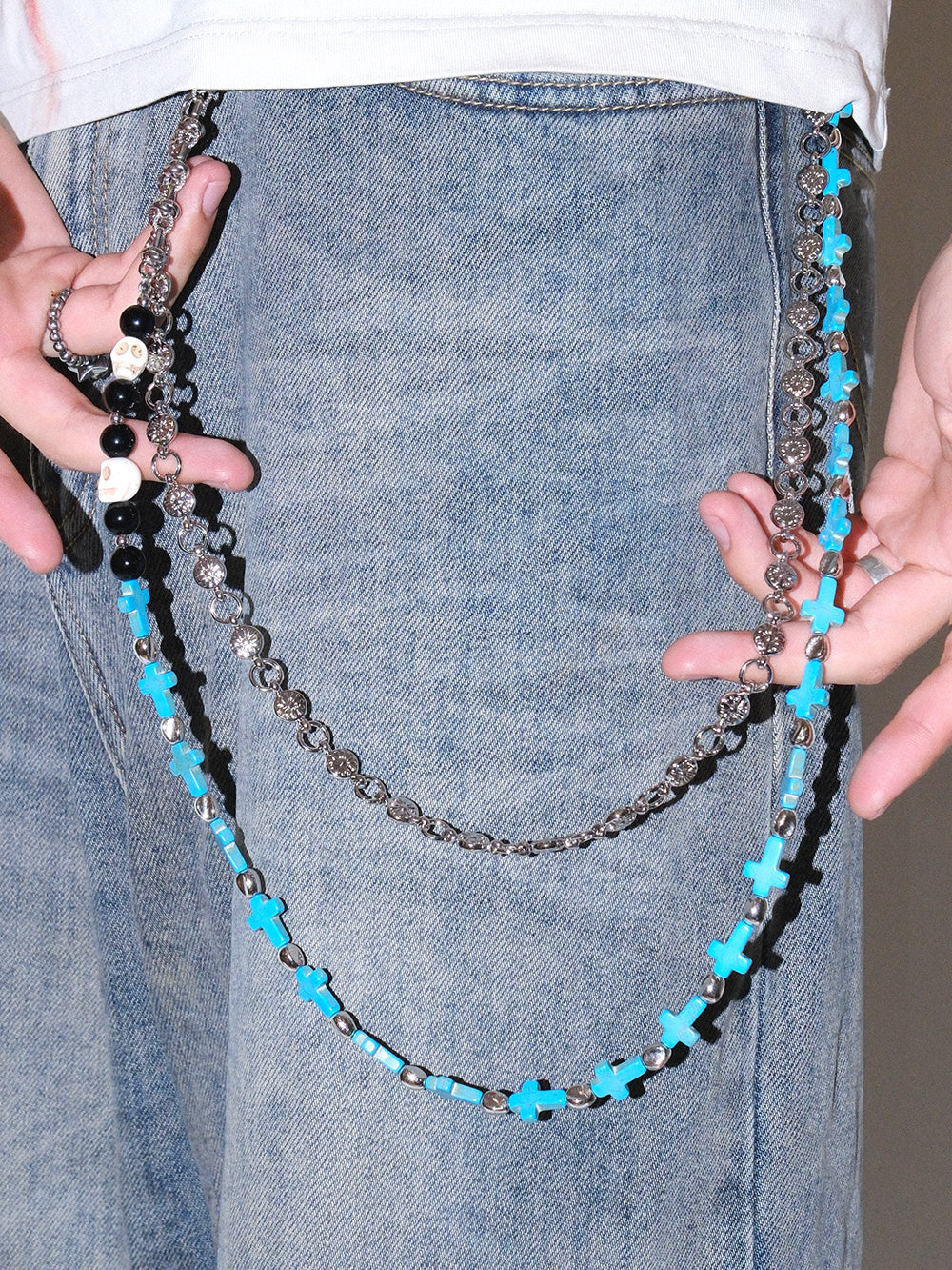 Blue Skull Cross Studded Pants Chain