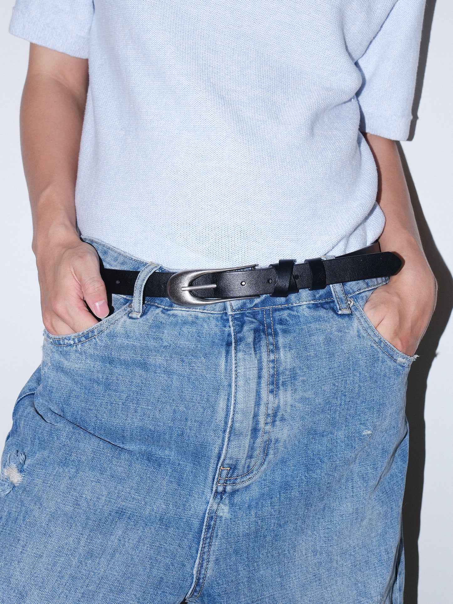 Genuine Leather Distressed Silver Buckle Slim Belt
